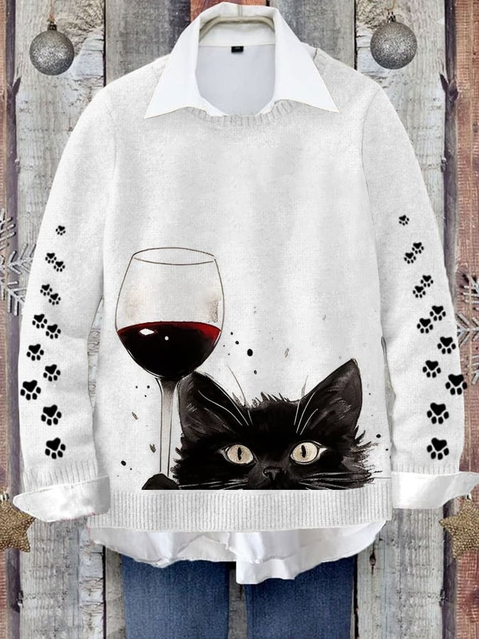 Black Cat Drinking Red Wine Sweater Cute Clothing Holiday Gift Ideas For Cat Lovers