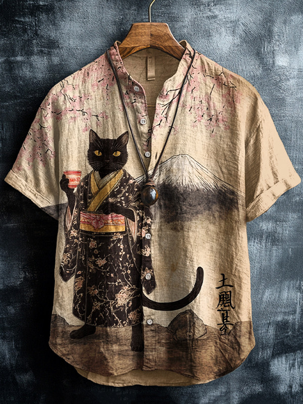 Black Cat Drinking Tea Art Hawaiian Shirt Present For Husband