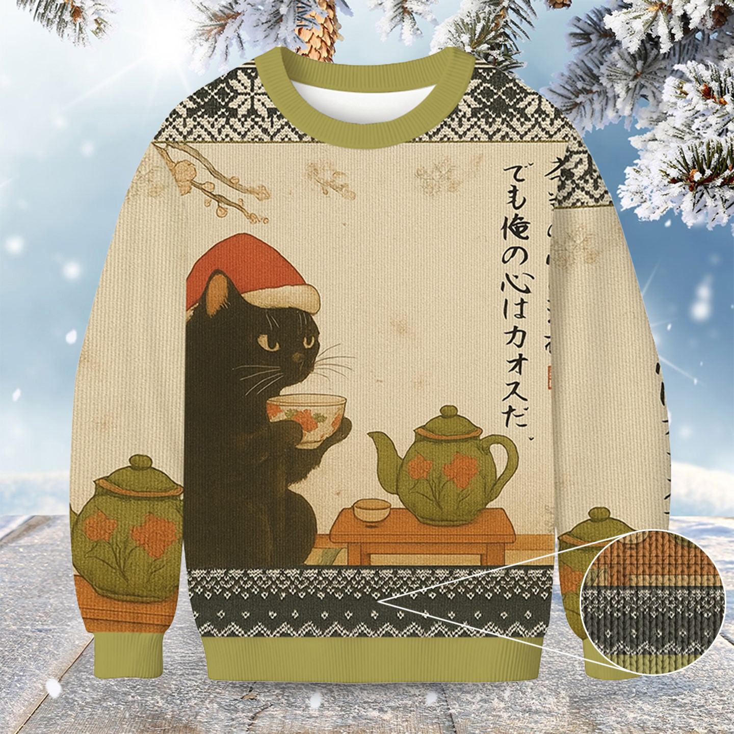 Black Cat Drinking Tea Christmas Ugly Sweater Cat Themed Christmas Gifts For Her
