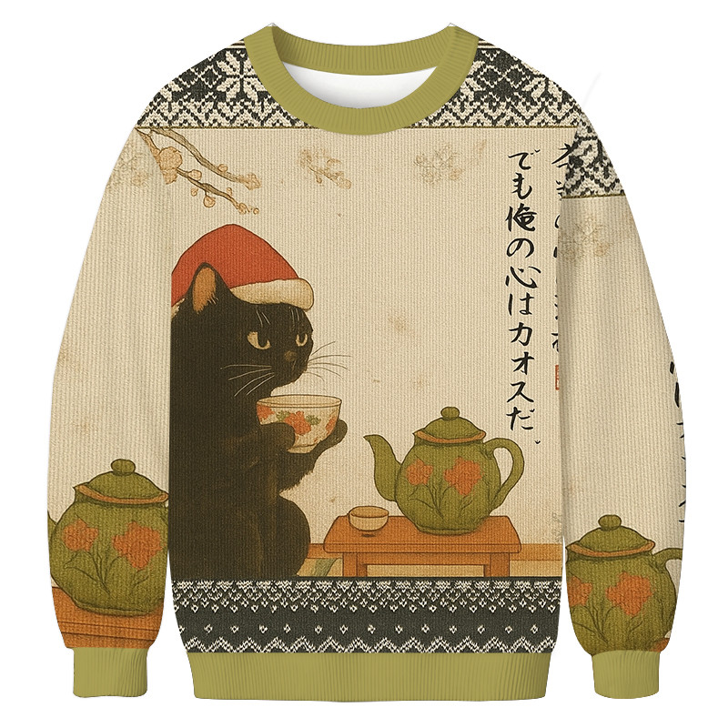 Black Cat Drinking Tea Christmas Ugly Sweater Xmas Apparel Christmas Gifts For Cat Owners