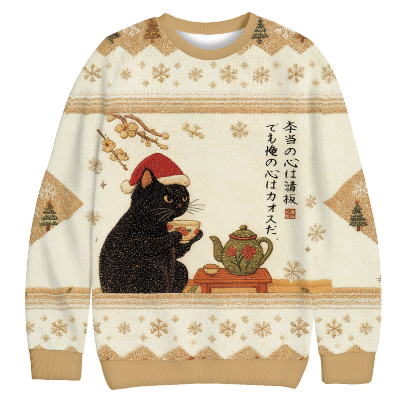 Black Cat Drinking Tea Funny Christmas Ugly Sweatshirt Christmas Cozy Winter Wear Gift Ideas