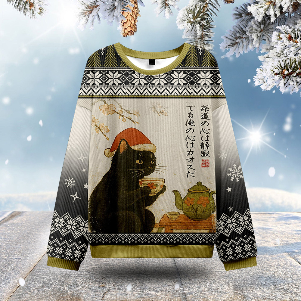 Black Cat Drinking Tea Ugly Christmas Sweater Cat Themed Christmas Gift Ideas