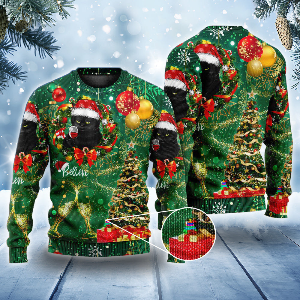 Black Cat Drinking Ugly Christmas Sweater 2024 Funny Christmas Sweaters For Adults