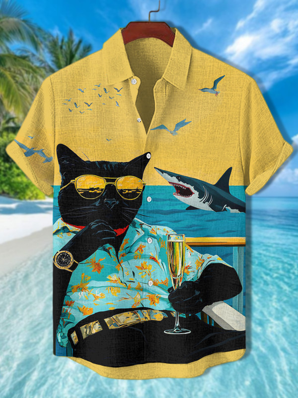 Black Cat Drinks Champagne Shark Print Hawaiian Shirt Gifts For My Husband