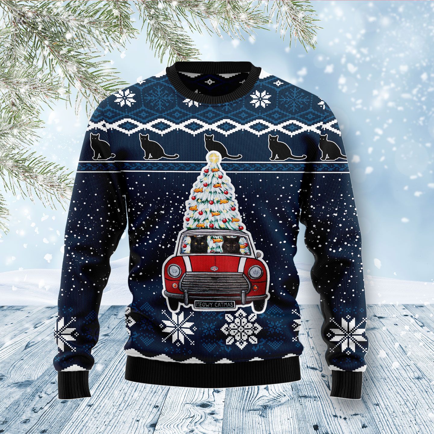 Black Cat Driving Meowy Catmas Ugly Christmas Sweater Cute Winter Clothes Black Cat Gifts