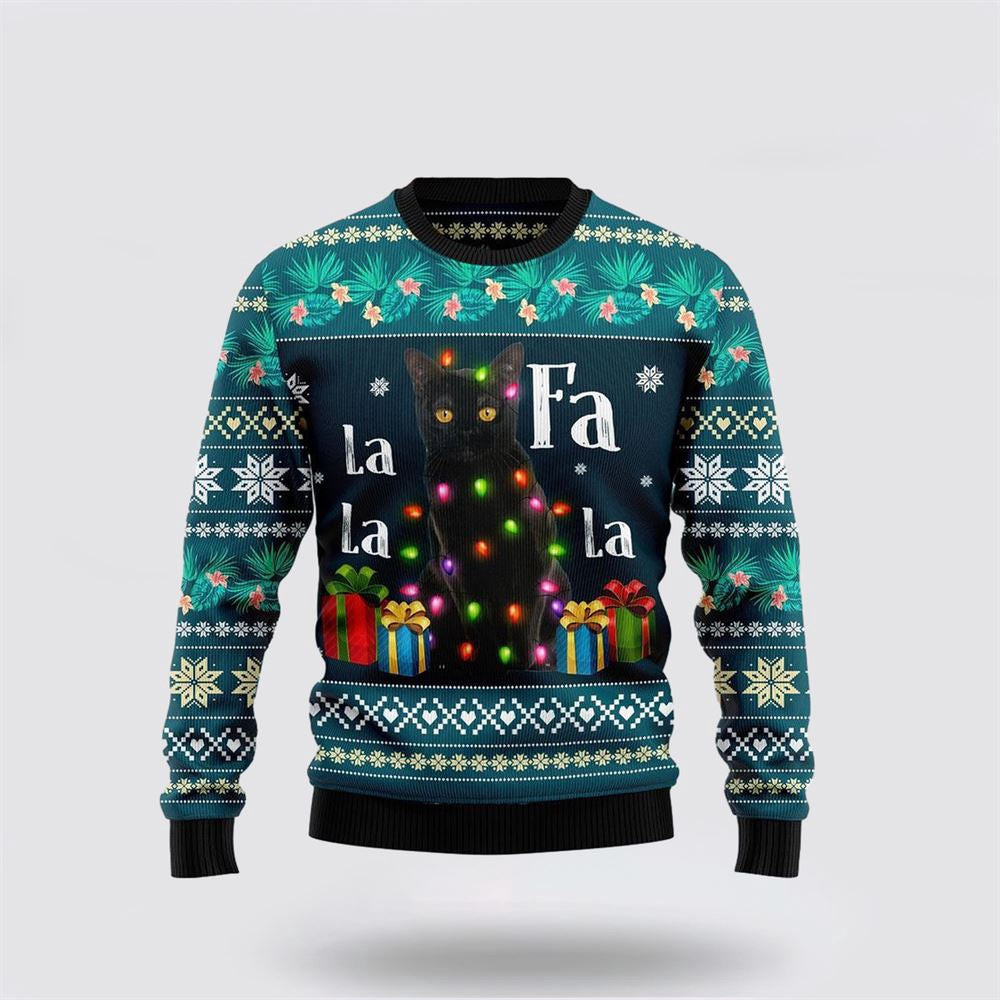Black Cat Falalala Ugly Christmas Sweater Unisex Funny Christmas Sweater