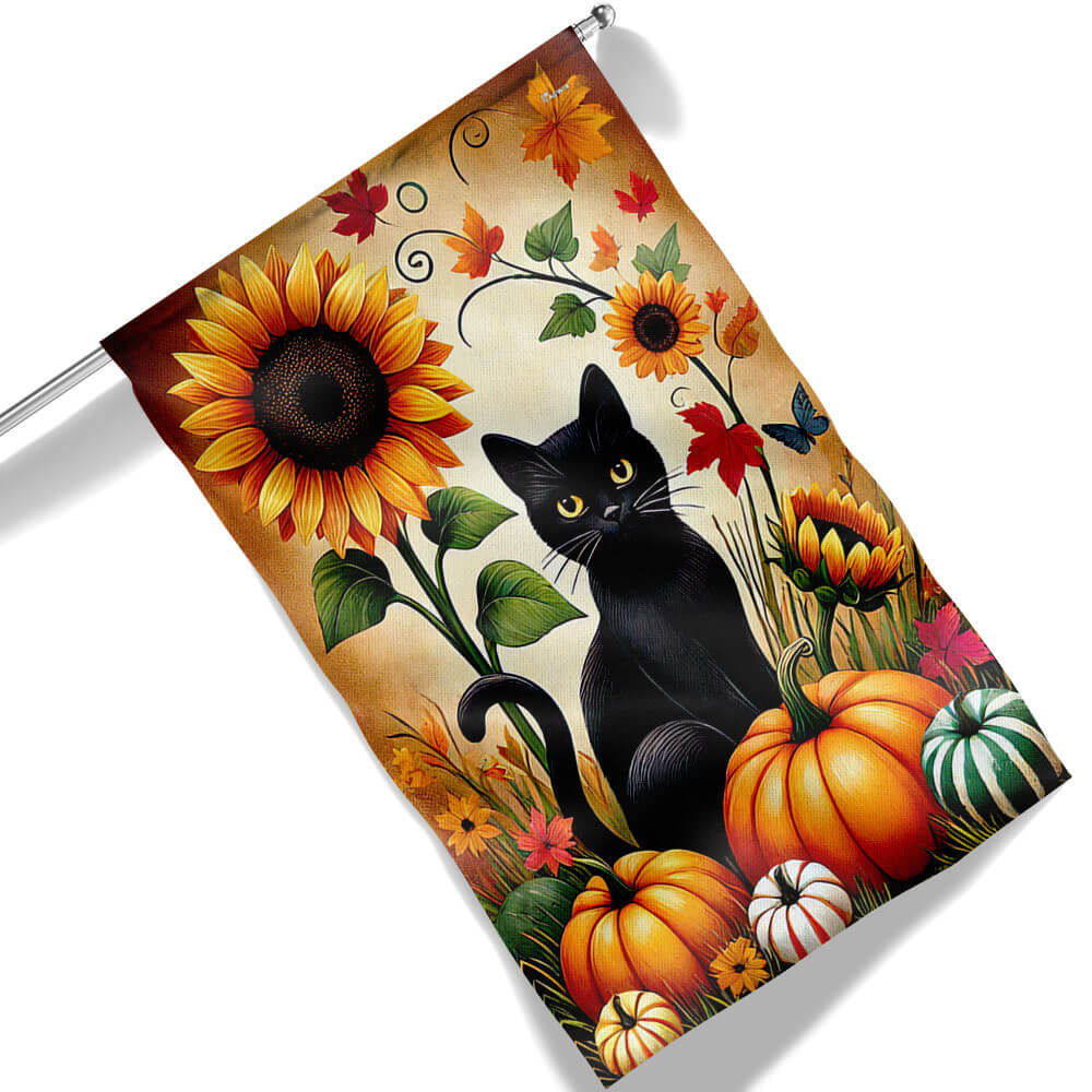Black Cat Fall Sunflower Thanksgiving Flag