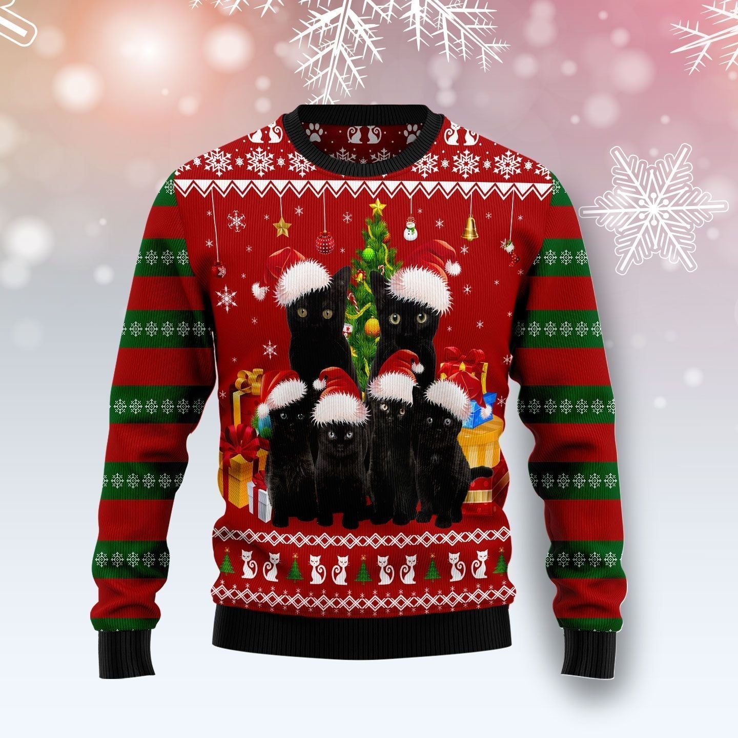 Black Cat Family And Gift Boxes Ugly Christmas Sweater Cute Clothes Black Cat Gift Ideas