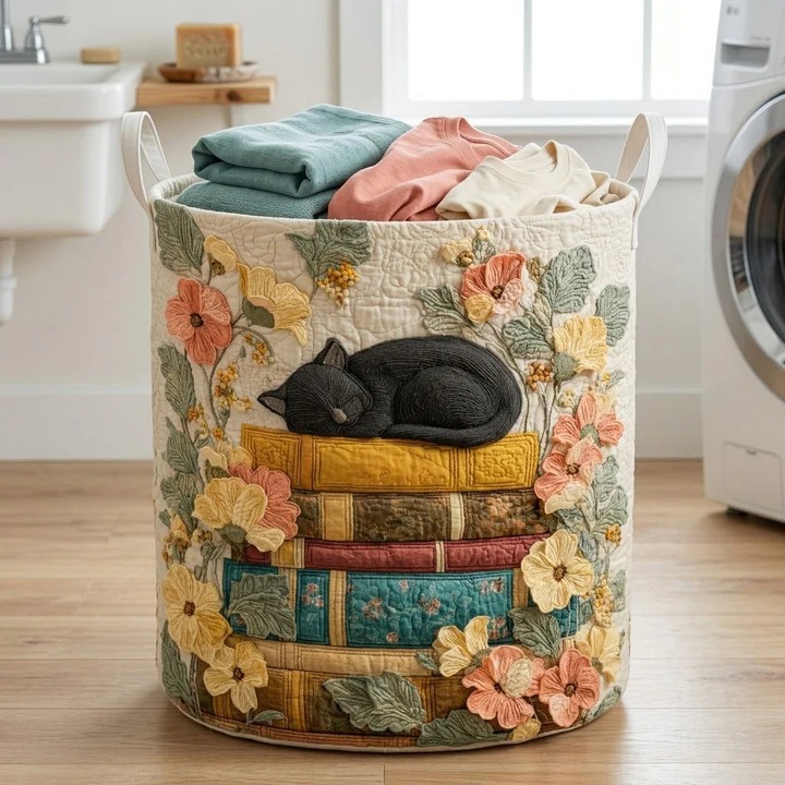 Black Cat Floral Doze Books Quilted Laundry Basket Cozy Home Decor Best Gift Ideas For Cat Lovers