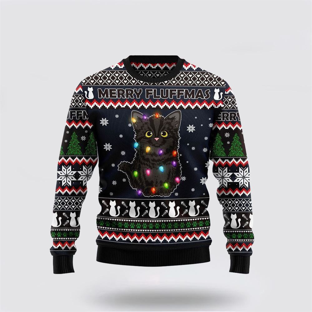 Black Cat Fluffmas Ugly Christmas Sweater Unisex Funny Christmas Sweater