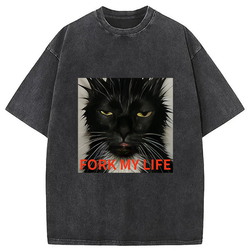 Black Cat Fork My Life Washed T-Shirt Retro Streetwear Graphic Top Gifts For Him Black Cat Fork My Life Washed T-Shirt Retro Streetwear Graphic Top Gifts For Him