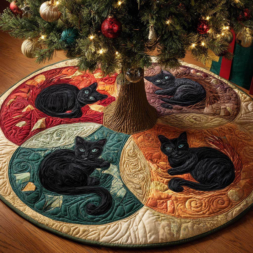 Black Cat Fourfold Dreams Quilted Tree Skirt Xmas Tree Decor Cat Lover Xmas Gifts