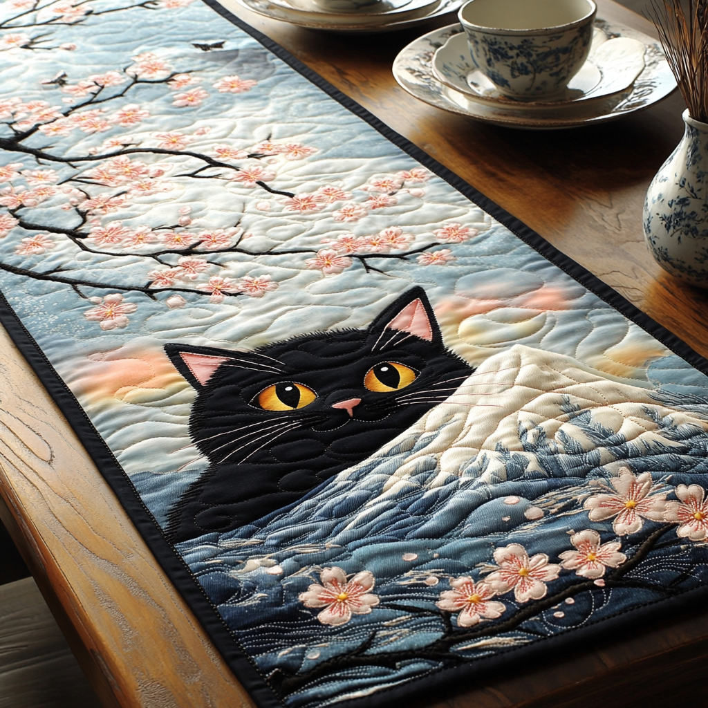 Black Cat Fuji Quilted Table Runner Dining Room Table Runner Decor Black Cat Mom Gifts
