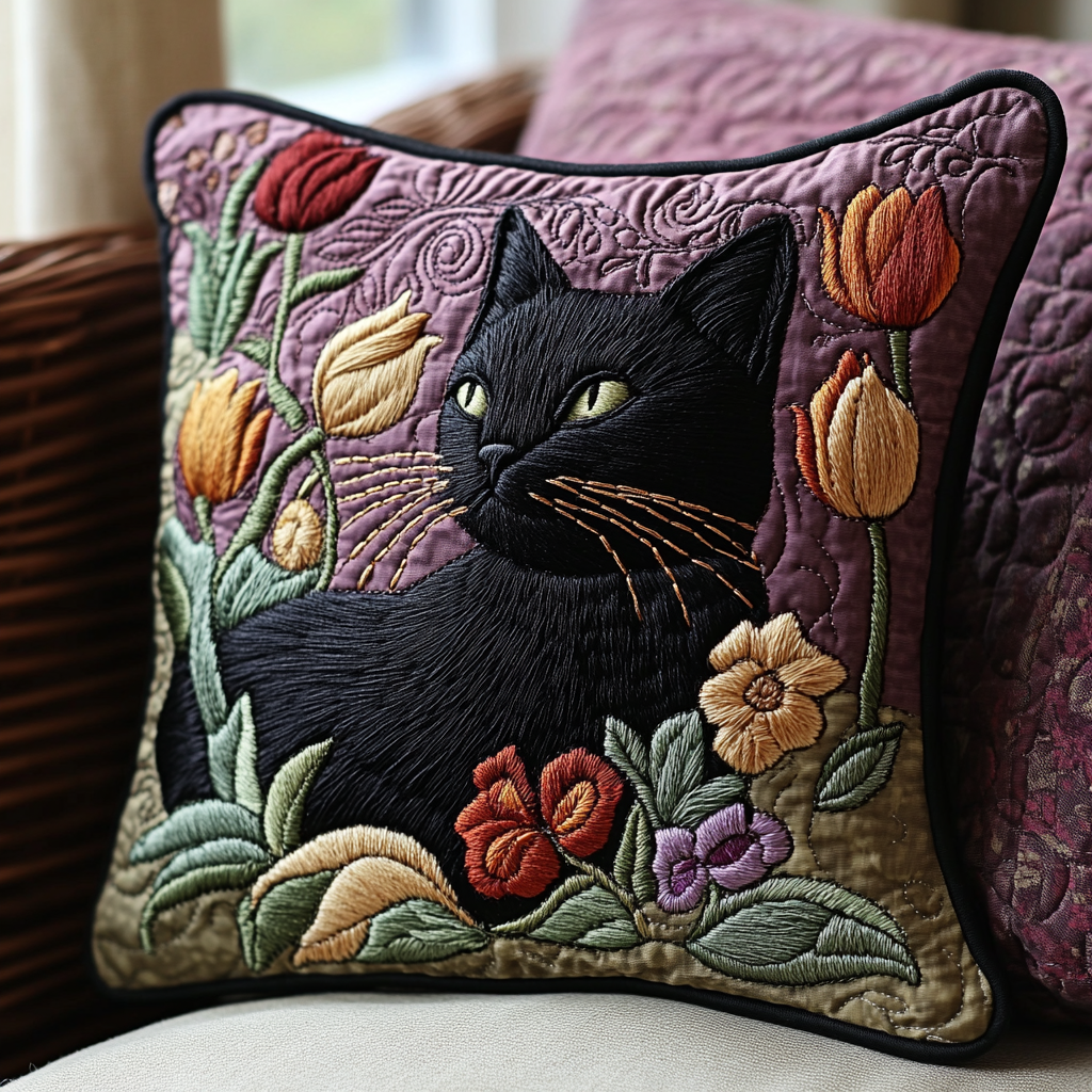 Black Cat Garden Quilted Pillow Case Best Throw Pillow Covers Awesome Gifts For Cat Lovers