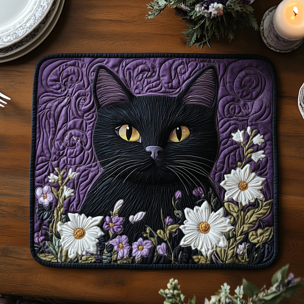 Black Cat Gaze Quilted Placemat Modern Holiday Decor Best Christmas Gifts For Cat Lovers
