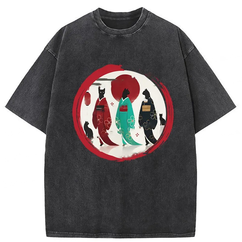 Black Cat Geisha Washed T-Shirt Minimal Retro Graphic Clothing Gifts For Brother