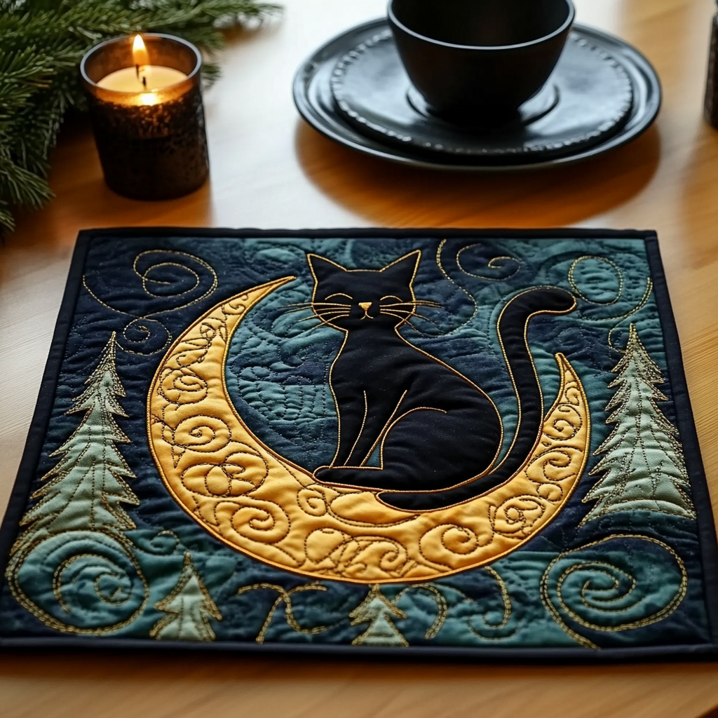 Black Cat Glow Quilted Placemat Christmas Kitchen Decor Christmas Ideas For Cat Lovers
