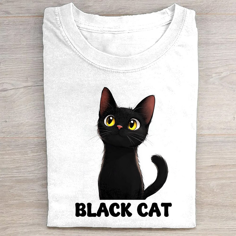 Black Cat Graphic Print T-Shirt Simple Cute Cat Lover Tee For Men And Women
