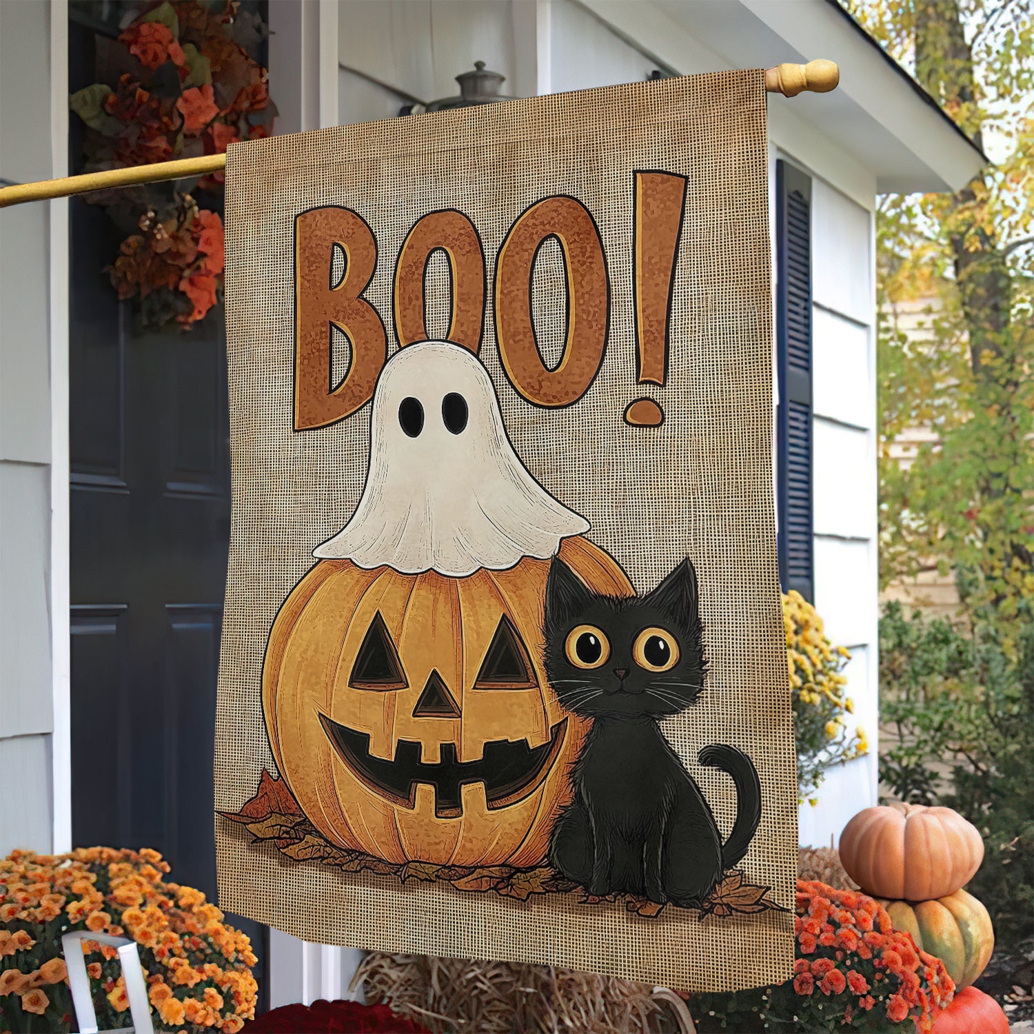 Black Cat Halloween Flag Cat Pumpkin And Ghost Boo Halloween Decor Spooky Ghost Lover Gift