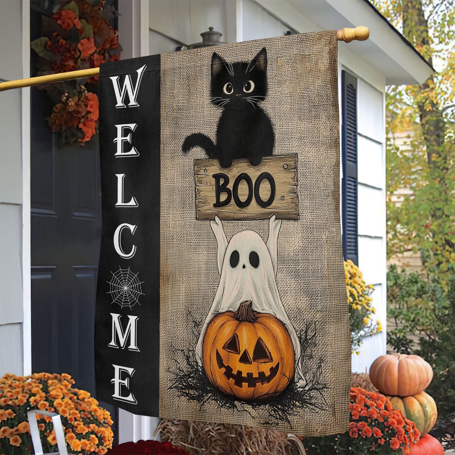Black Cat Halloween Flag Welcome Ghost And Pumpkin Halloween Outdoor Decor Spooky Yard Decor