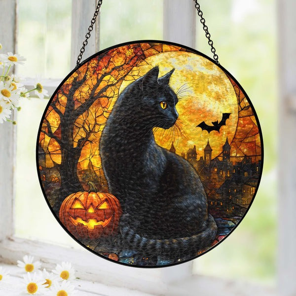 Black Cat Halloween Pumpkins Stained Glass Suncatcher Nice Halloween Gift For Decoration In House