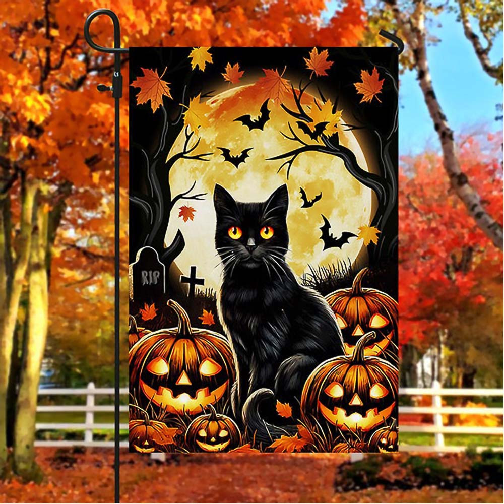 Black Cat Halloween With Moon Night Flag Halloween Gift For Cat Lover and Momcat on Halloween Day
