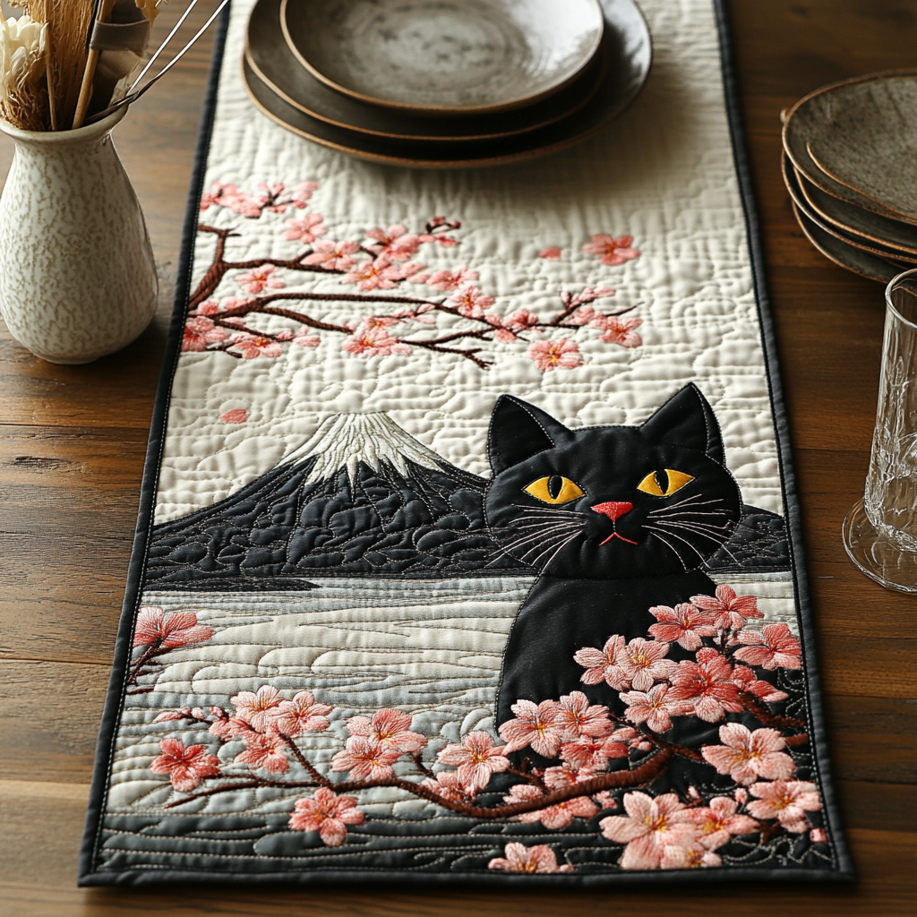 Black Cat Hanami Quilted Table Runner Dining Room Table Decor Ideas Black Cat Presents