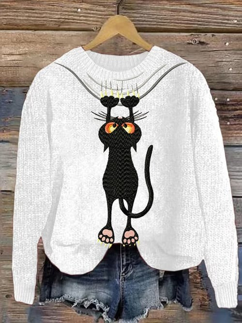 Black Cat Hanging From Wire Sweater Cute Xmas Holiday Clothing Gifts For Cat Lovers