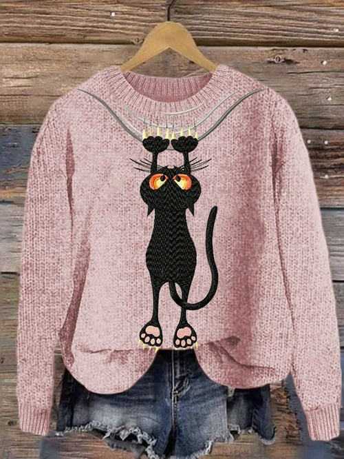 Black Cat Hanging From Wire Sweater Cute Xmas Holiday Clothing Gifts For Cat Lovers