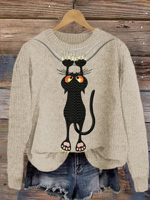 Black Cat Hanging From Wire Sweater Cute Xmas Holiday Clothing Gifts For Cat Lovers