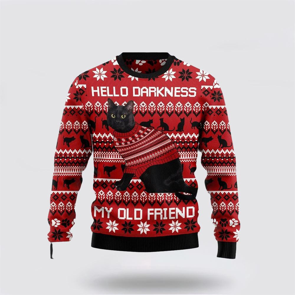 Black Cat Hello Darkness My Old Friend Ugly Christmas Sweater Unisex Funny Christmas Sweater