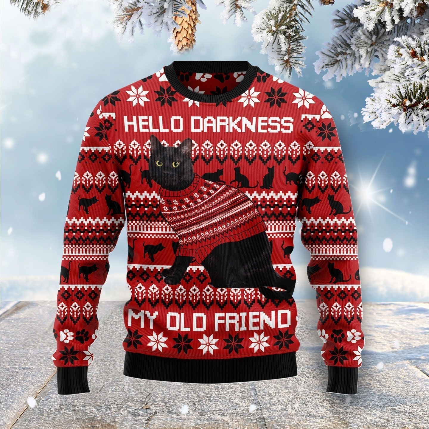 Black Cat Hello Darkness My Old Friend Ugly Christmas Sweater Winter Clothes Black Cat Presents