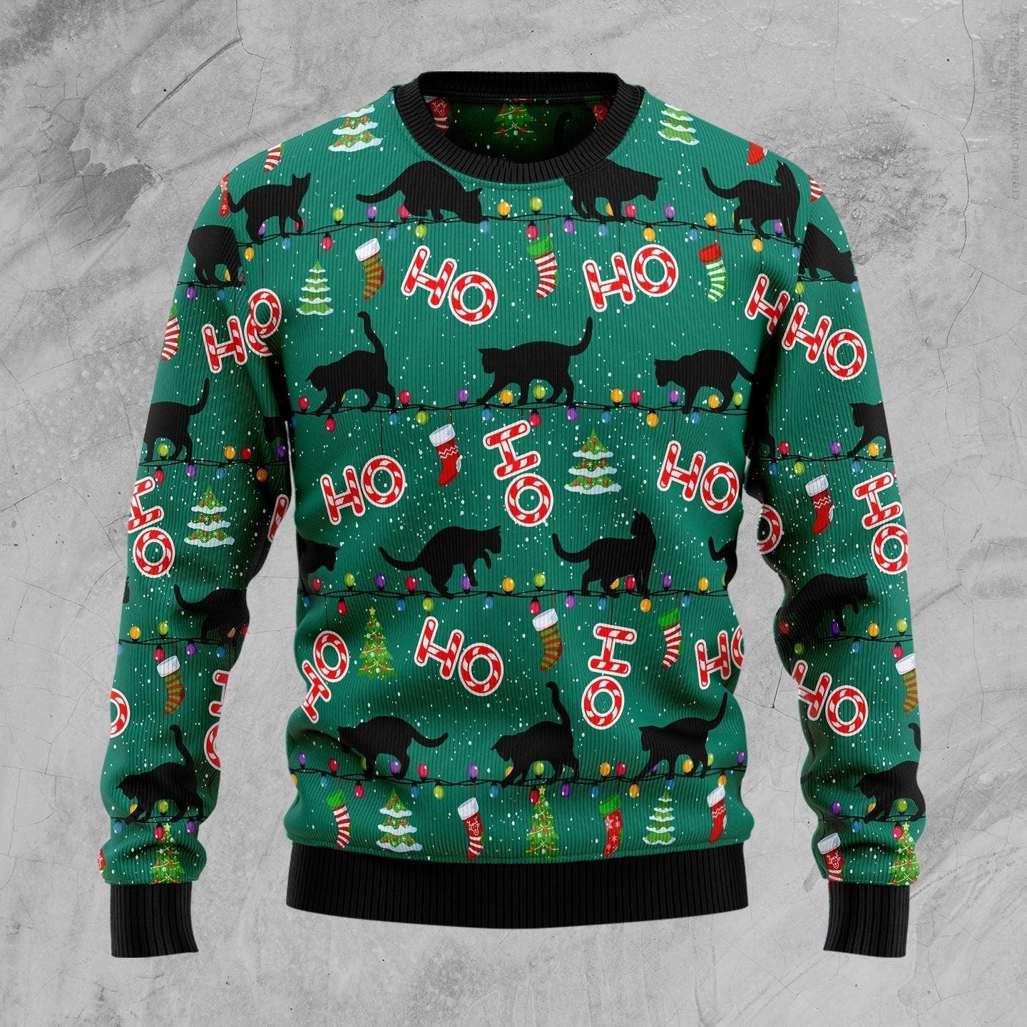 Black Cat Ho Ho Ho Ugly Christmas Sweater Cute Winter Clothes Black Cat Present Ideas