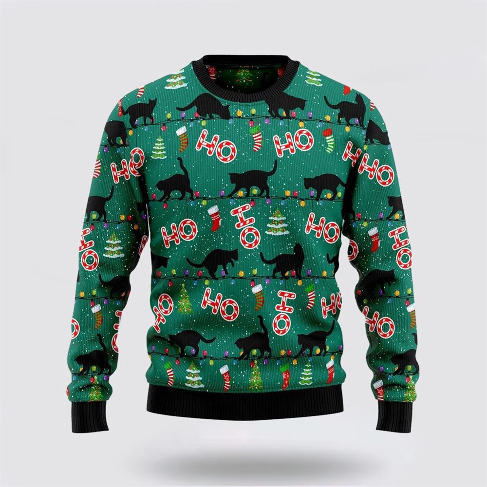 Black Cat Ho Ho Ho Ugly Christmas Sweater Unisex Funny Christmas Sweater