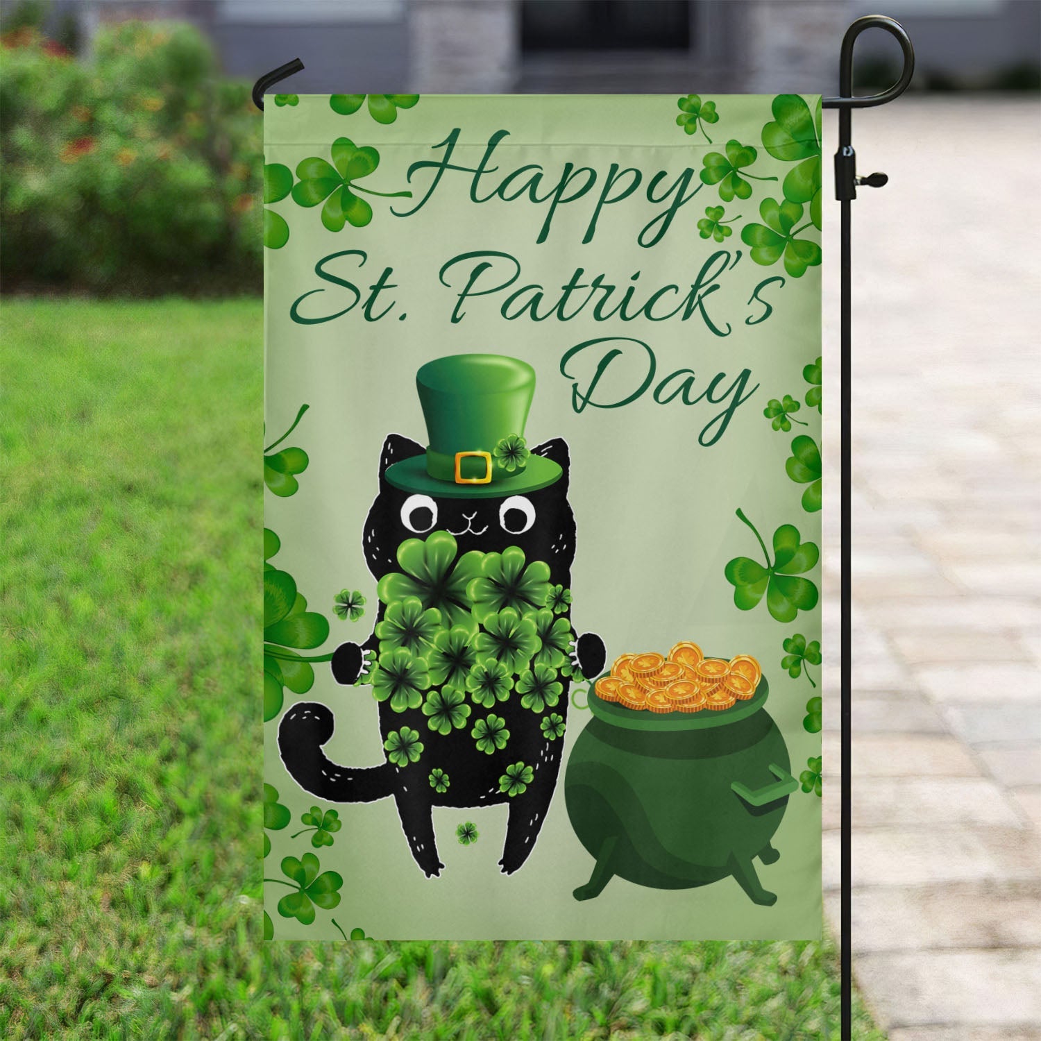 Black Cat Hold The Clovers Happy St. Patrick's Day Flag Saint Patrick's Day Gifts For Outdoor Decor