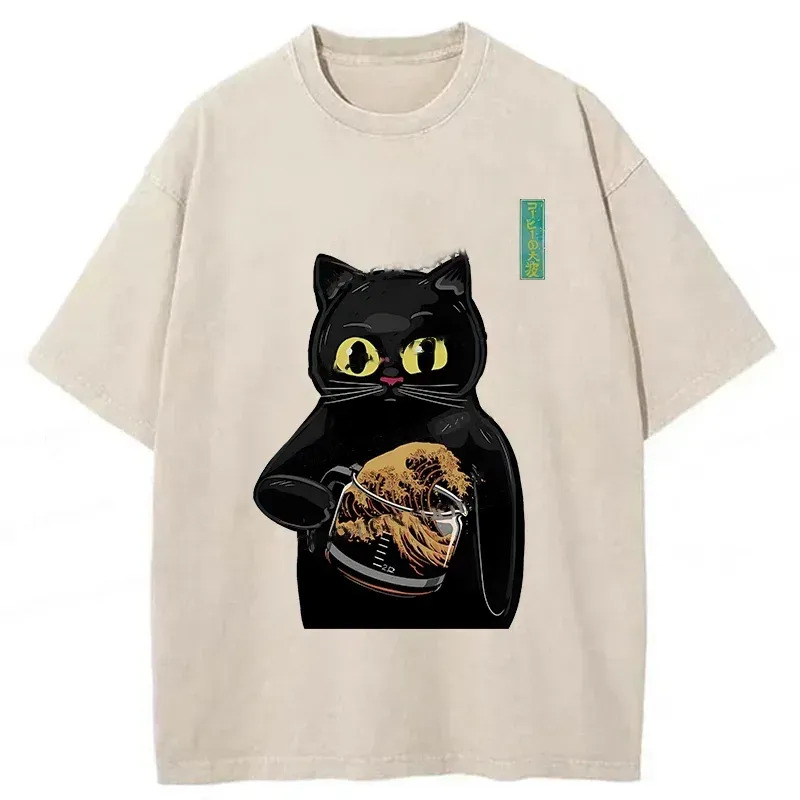Black Cat Holding Coffee Washed T-Shirt Classic Graphic Fashion Tee Gifts For Her