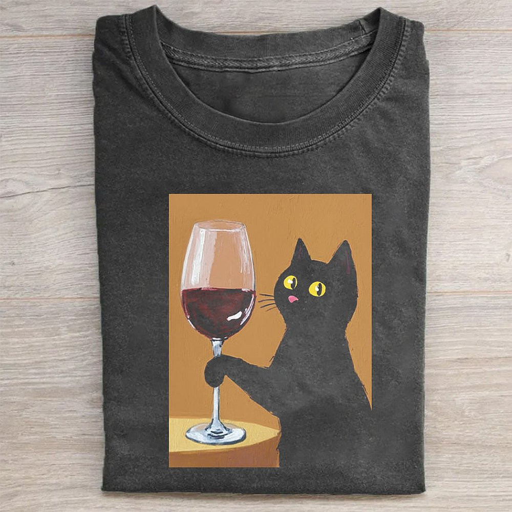 Black Cat Holding Wine Glass Graphic T-Shirt Funny Drinking Cat Lover Tee