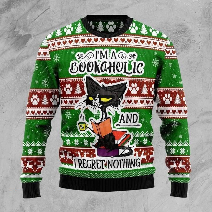 Black Cat I'm A Bookaholic And I Regret Nothing Ugly Christmas Sweater Black Cat Gift Items