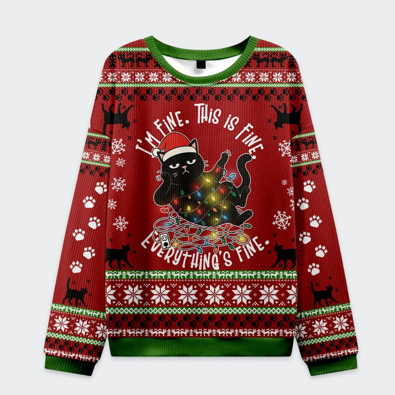 Black Cat I'm Fine This Is Fine Ugly Christmas Sweater Cute Xmas Gifts For Cat Lovers