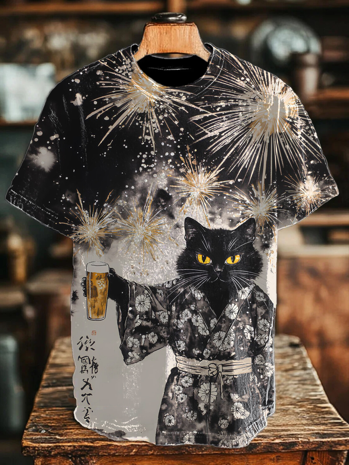 Black Cat In A Bathrobe Holding A Beer Fireworks Shirt Useful Gifts For Husband