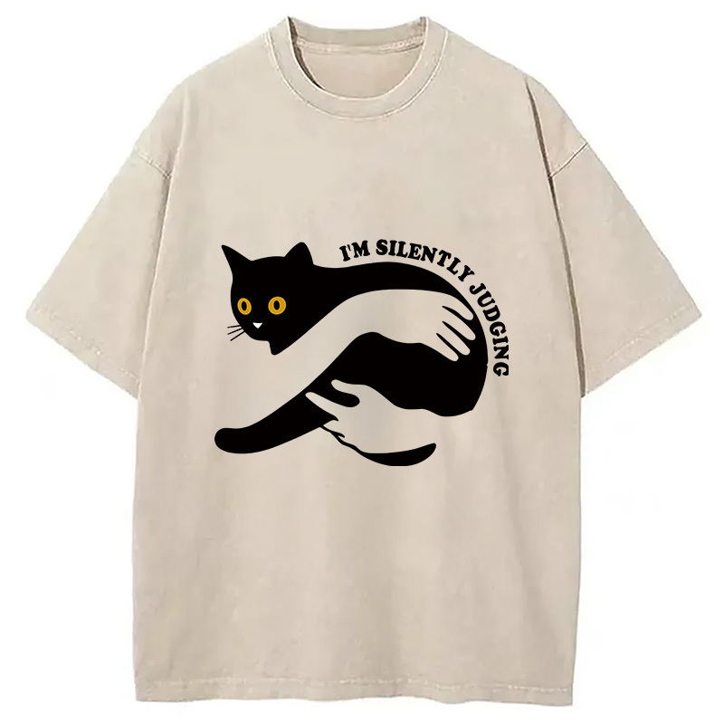 Black Cat In Arms Judging You Washed T-Shirt Minimal Retro Graphic Clothing Gifts For Friends