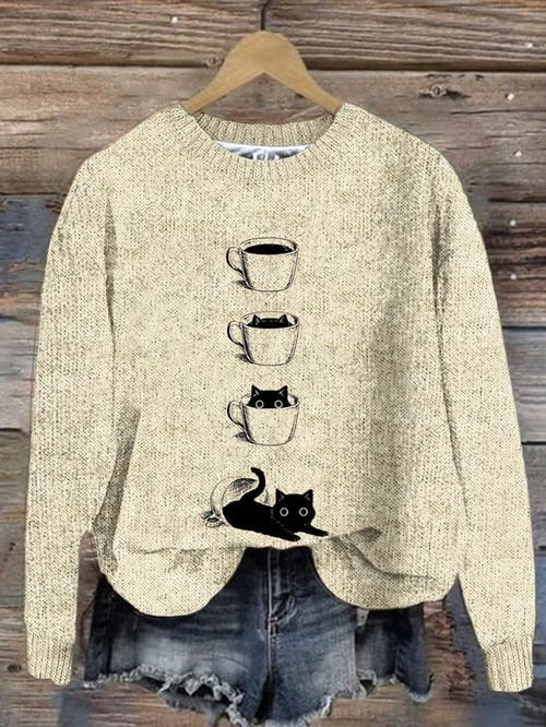 Black Cat In Coffee Cup Sweater Funny Graphic Print Sweater Xmas Gifts For Cat Lovers