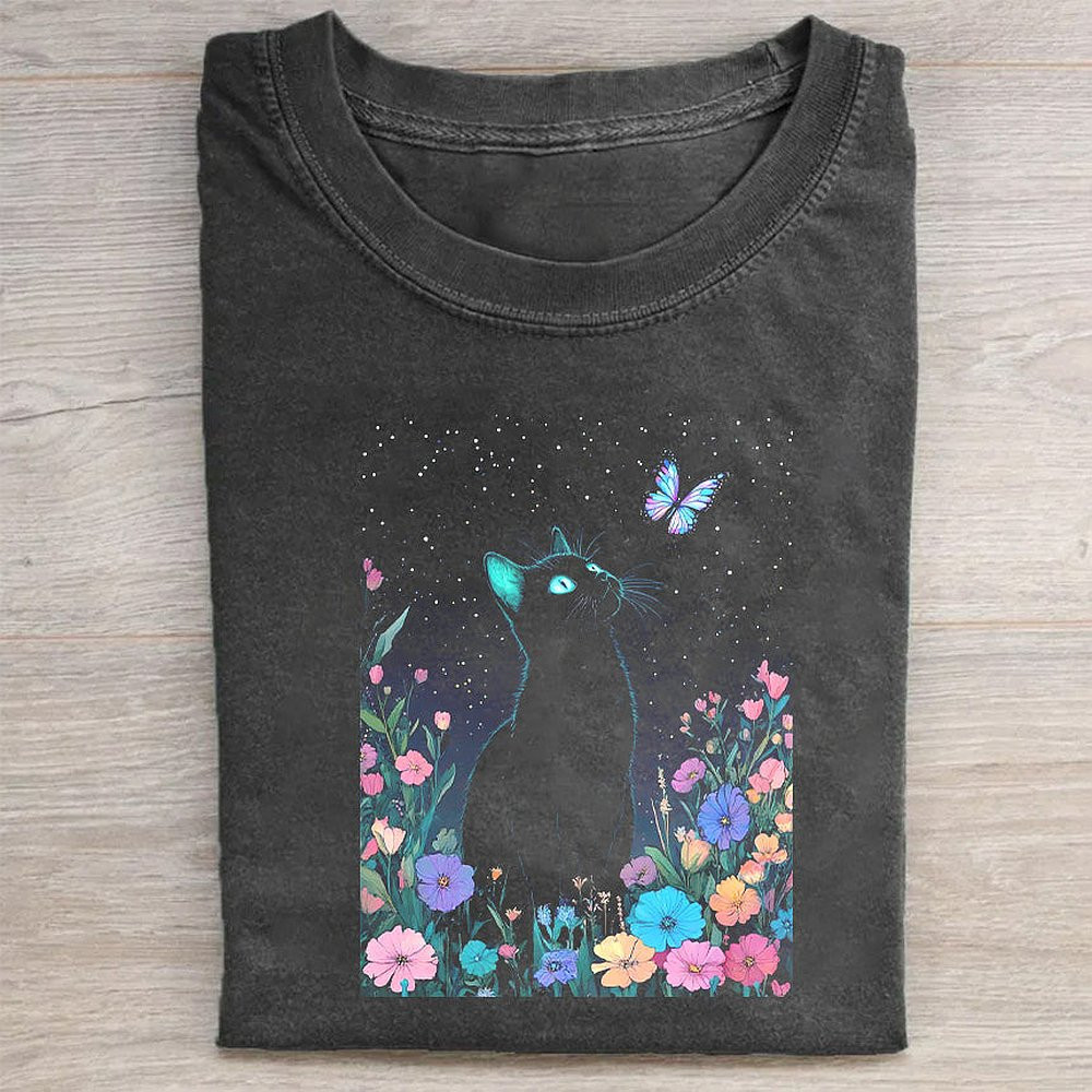 Black Cat In Garden Graphic T-Shirt Nature Cat Lover Tee For Women