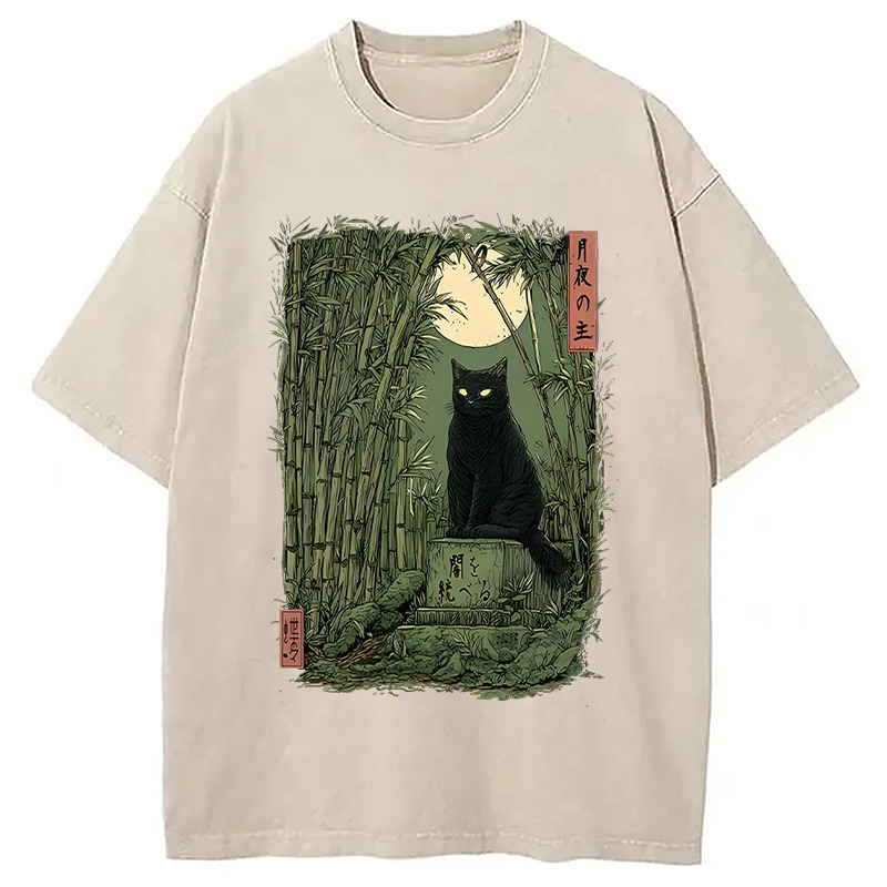 Black Cat In The Bamboo Forest Washed T-Shirt Soft Comfortable Daily T Shirt Gifts For Brother