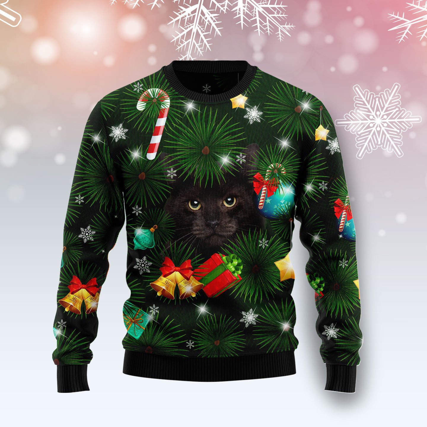 Black Cat Inside Tree Ugly Christmas Sweater Holiday Apparel Christmas Gifts For Cat Owners
