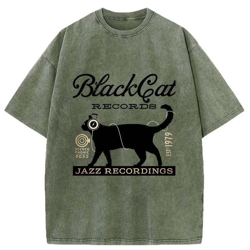 Black Cat Japan Washed T-Shirt Cool Urban Street Style Shirt Gifts For Her