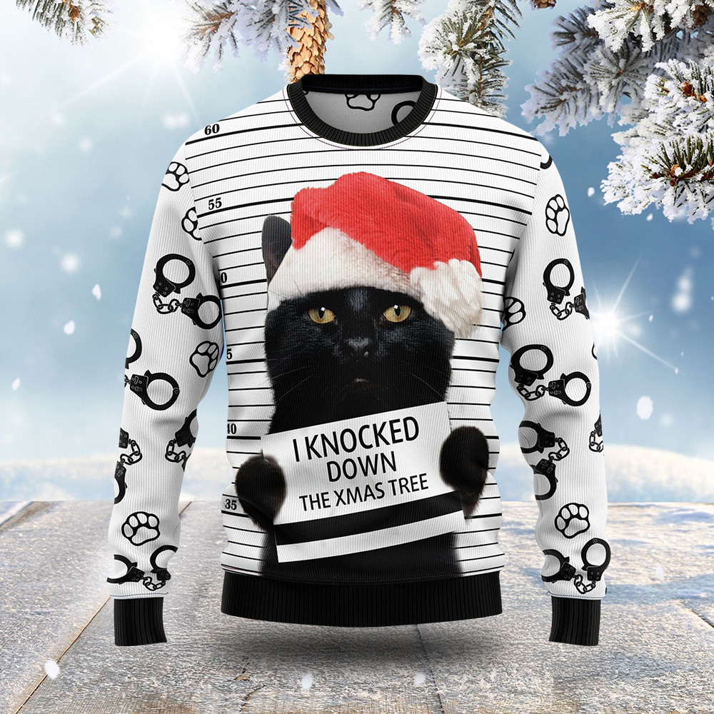 Black Cat Knocked Down Xmas Tree Ugly Christmas Sweater Funny Animal Sweater Cat Gifts For Xmas