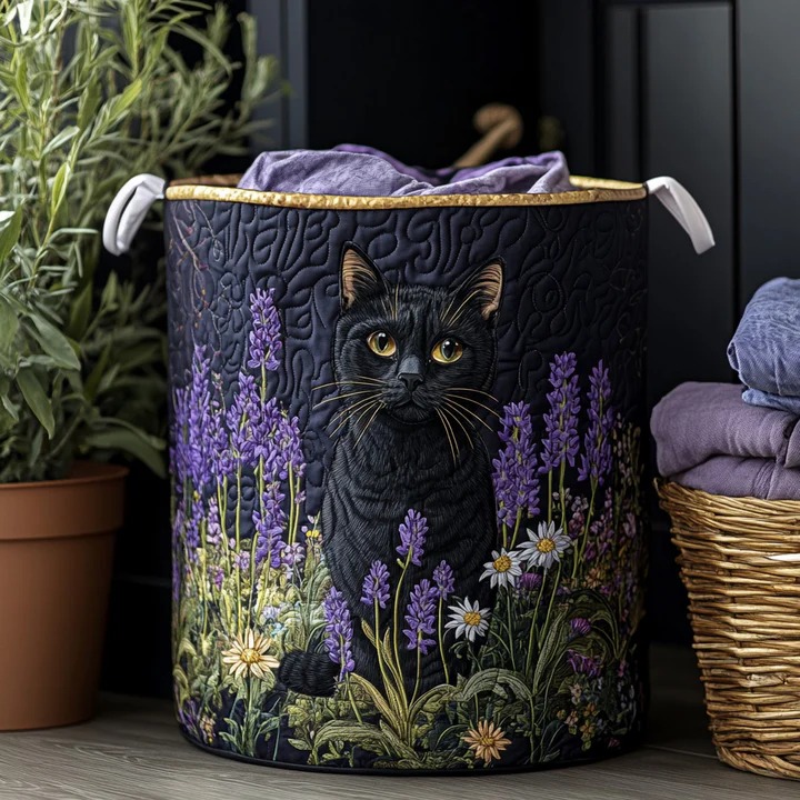 Black Cat Lavender Quilted Laundry Basket Floral Night Cat Storage Bin Best Gift For Her