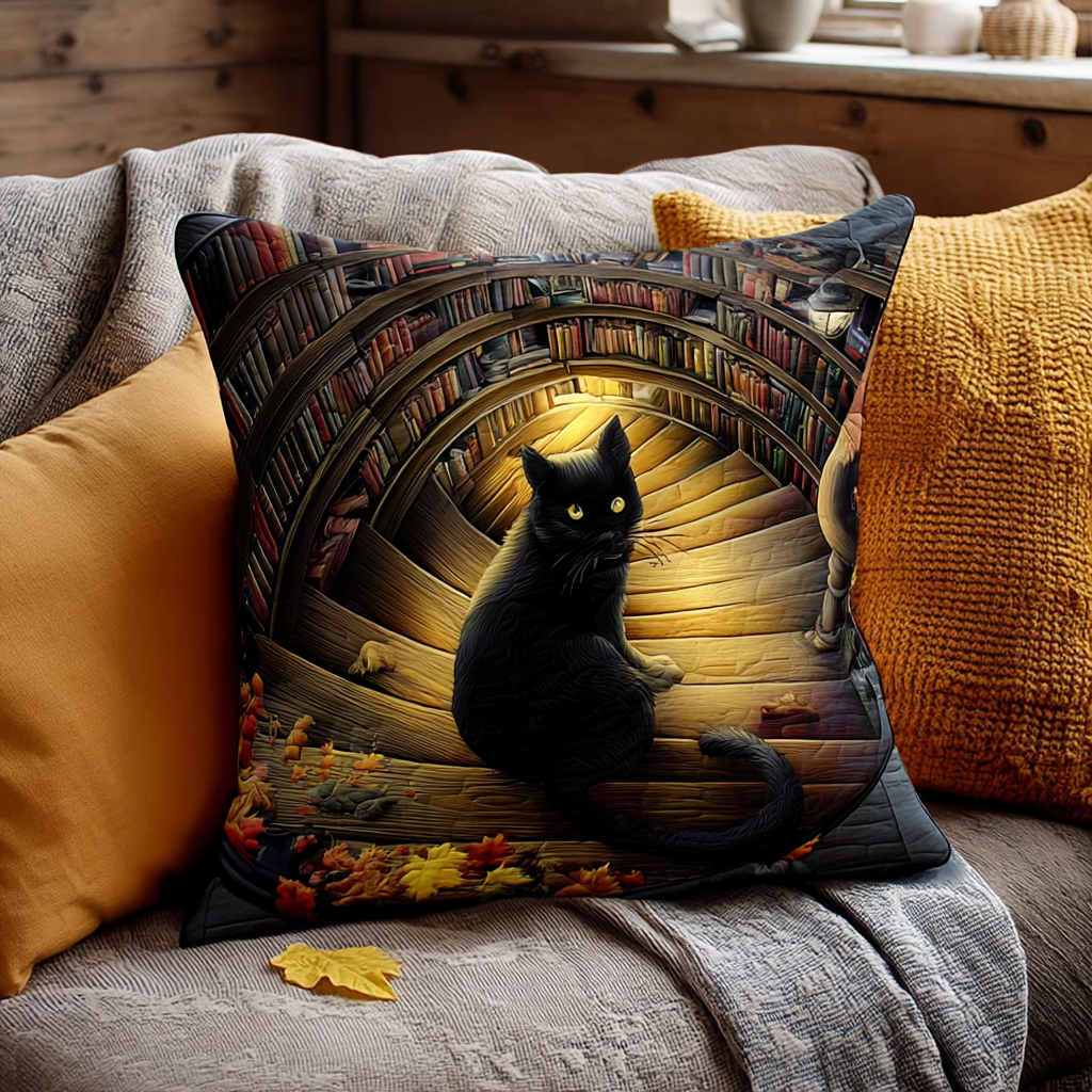 Black Cat Library Quilted Pillow Case Decorative Pillow Covers Best Friend Gift Ideas