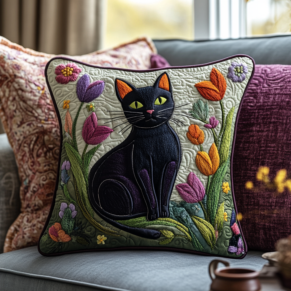 Black Cat Lilies Quilted Pillow Case Cute Pillow Covers Birthday Cat Gifts